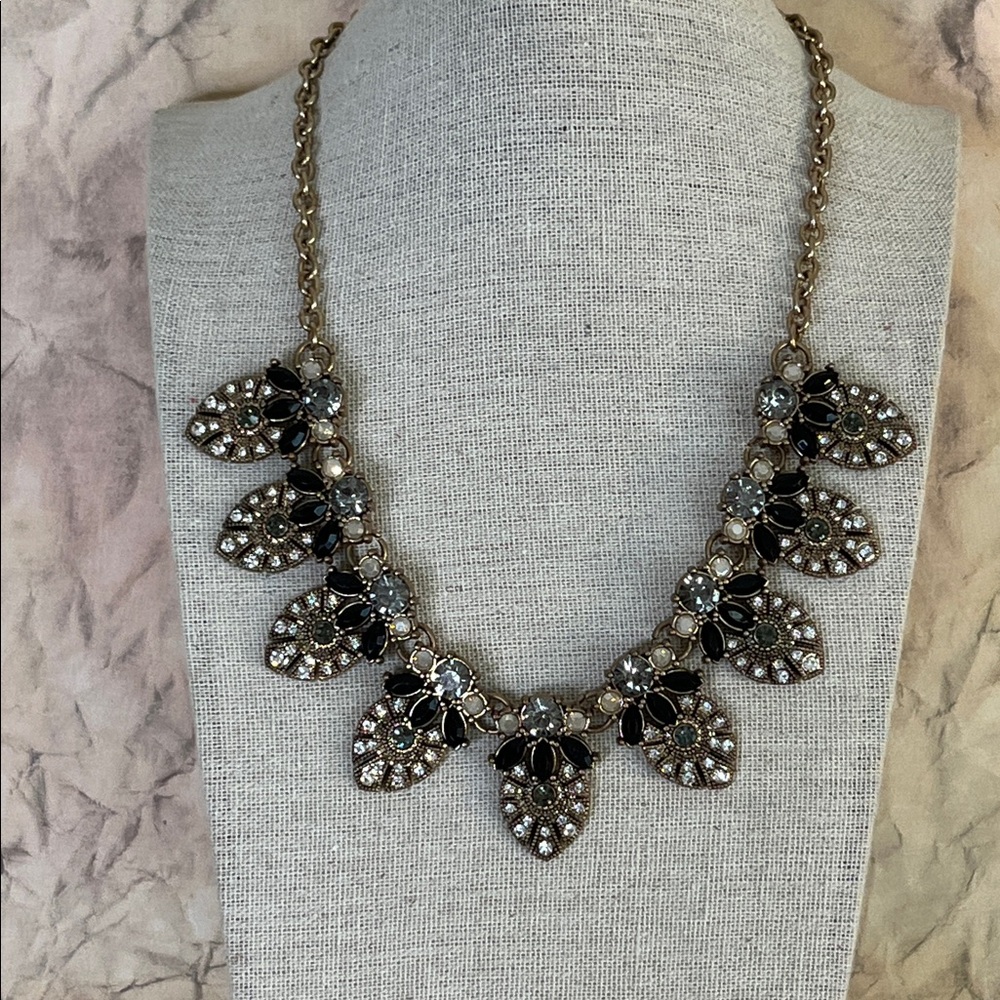 Stella and Ruby earthy tone teardrop bib necklace rhinestones set in gold tone